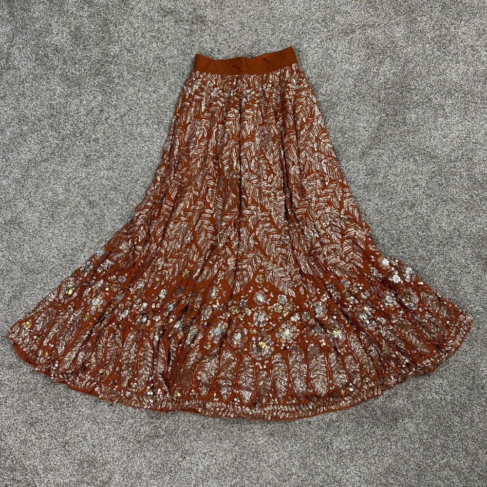 The Saree Room Lehenga Skirt Womens XS Rust Orange Sequin Floral NEW